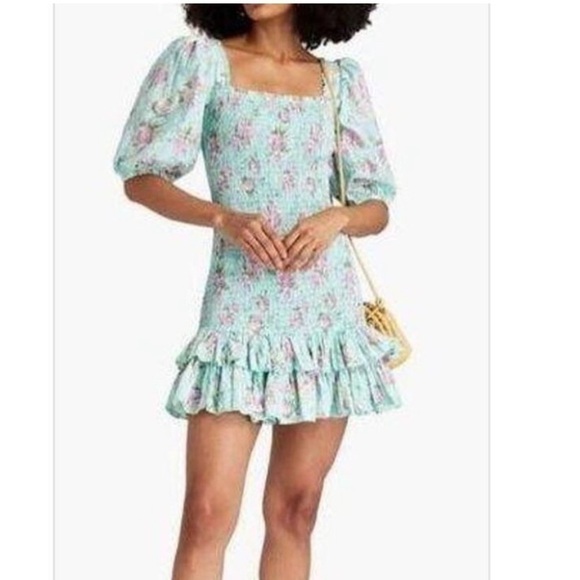 ByTimo Blue Floral Puff Sleeve Smocked Ruffle Poplin Camelia Mini Dress M - Picture 1 of 11